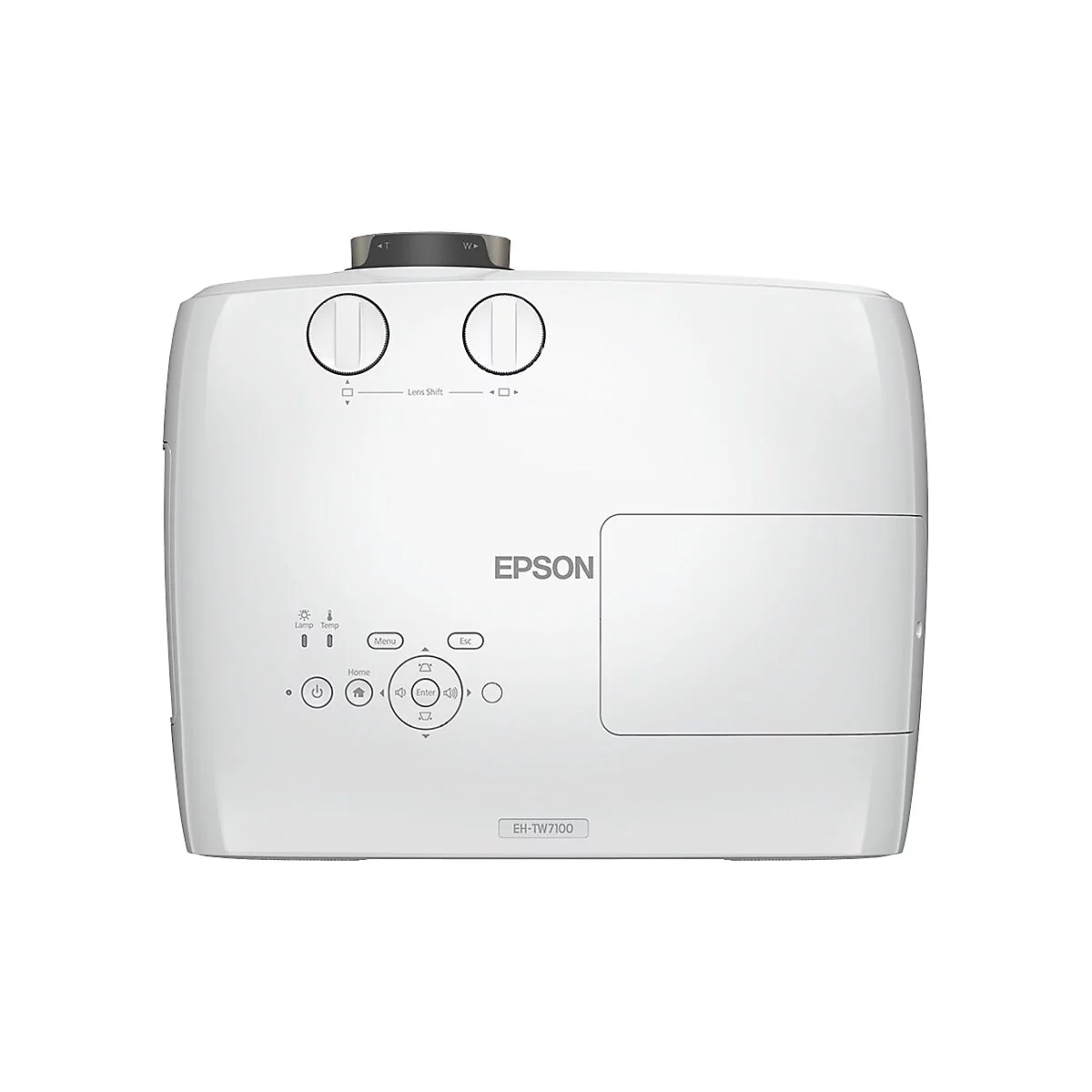Nahaufnahme eines weißen Epson EH-TW7100 Projektors. Oben zwei Objektiv-Einstellringe, darunter Bedienelemente und das Epson-Logo.