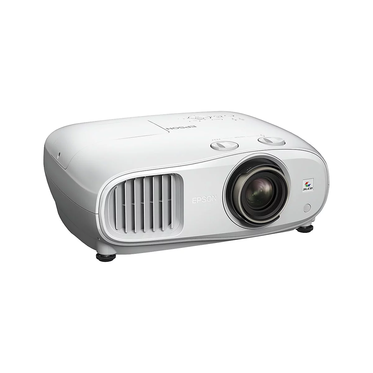 Weißer Projektor mit Objektiv und Lüftungsschlitzen, Aufschrift Epson. Auf der rechten Seite das 3LCD-Logo.