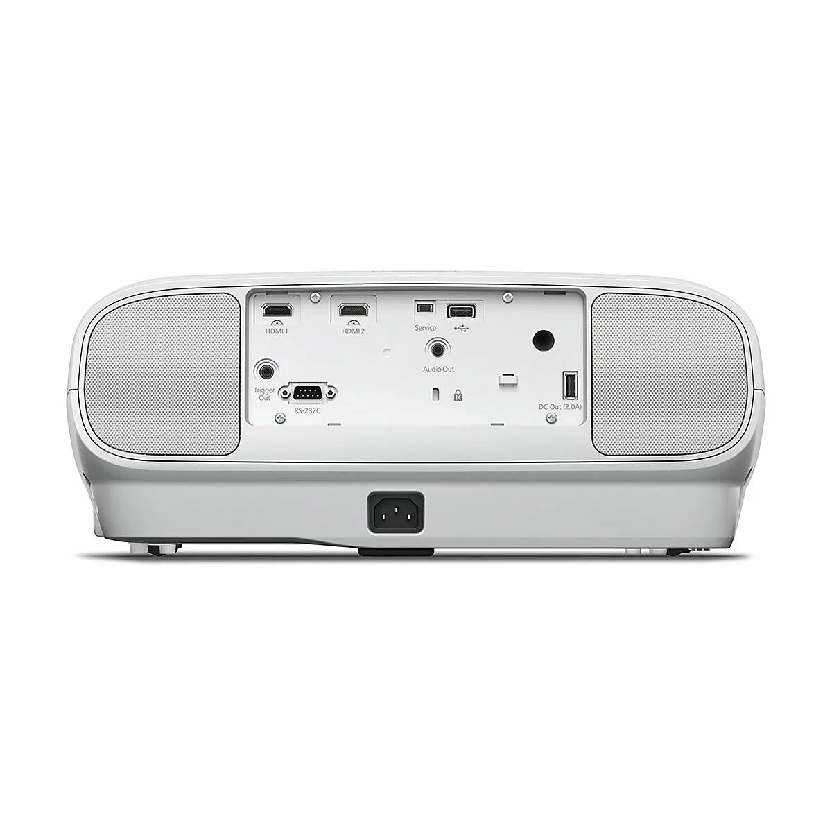 WeiÃŸe Projektor-RÃ¼ckseite mit AnschlÃ¼ssen fÃ¼r HDMI, USB und Strom.