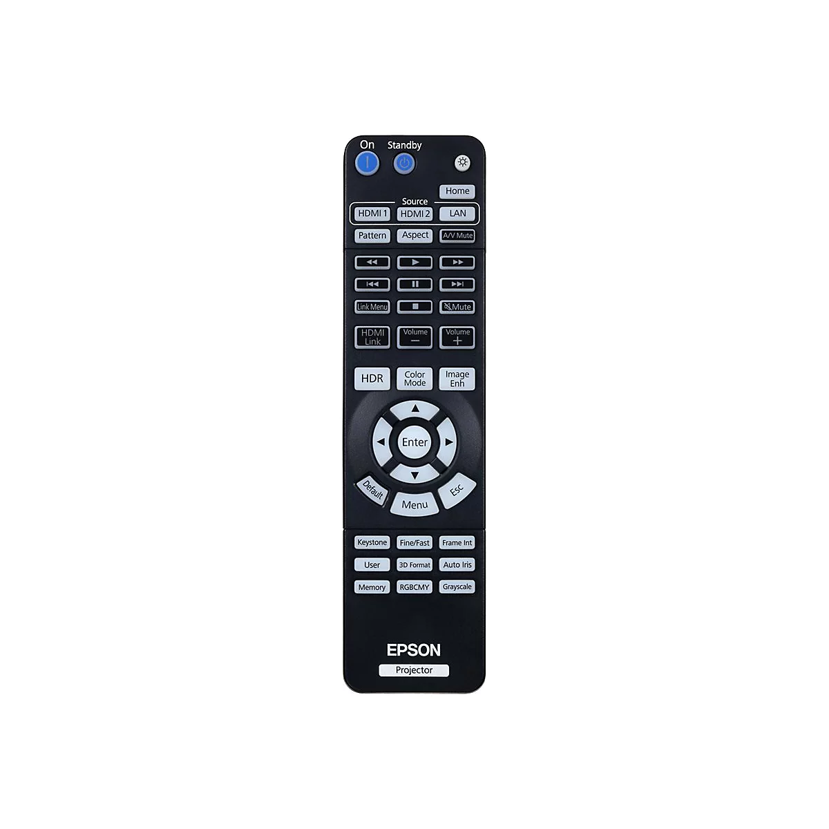 Schwarze Fernbedienung fÃ¼r einen Epson Projektor. KnÃ¶pfe mit Beschriftungen wie HDMI 1, HDR, und Enter. Oben befinden sich die KnÃ¶pfe On und Standby.