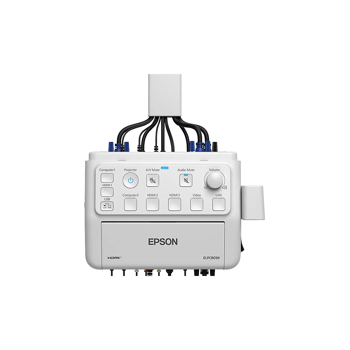 Epson Anschlussbox für Projektoren mit weißem Gehäuse, Bedientasten und angeschlossenen Kabeln.