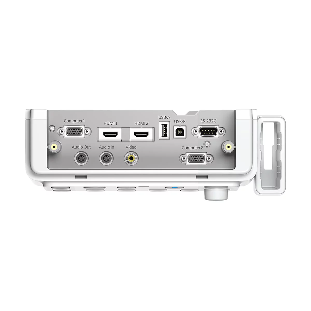 Anschlussfeld eines weißen Projektors mit HDMI-, VGA-, USB- und Audio-Eingängen sowie Beschriftungen.