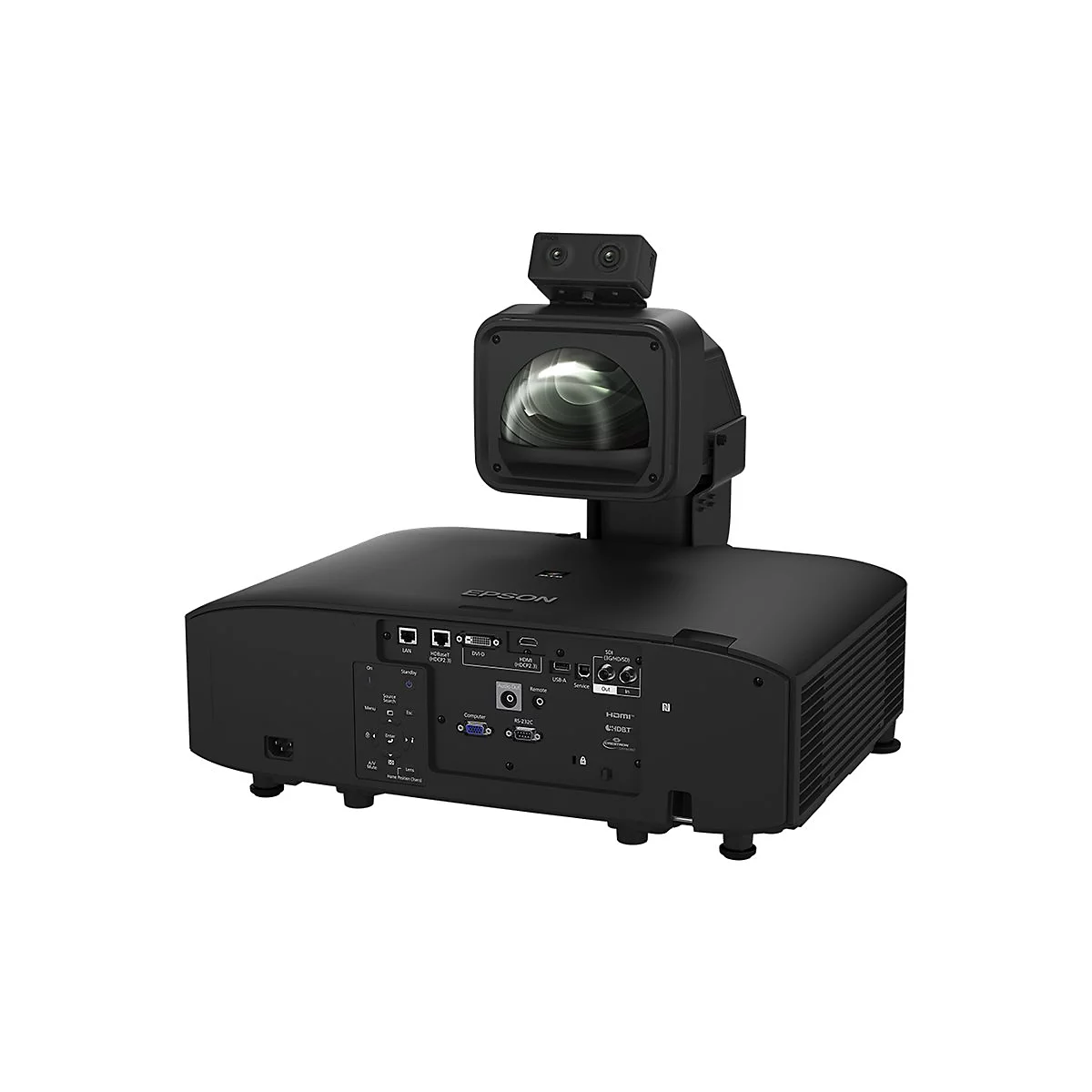 Schwarzer Epson Projektor von hinten mit zahlreichen Anschlüssen und Objektiv auf einem Ständer.