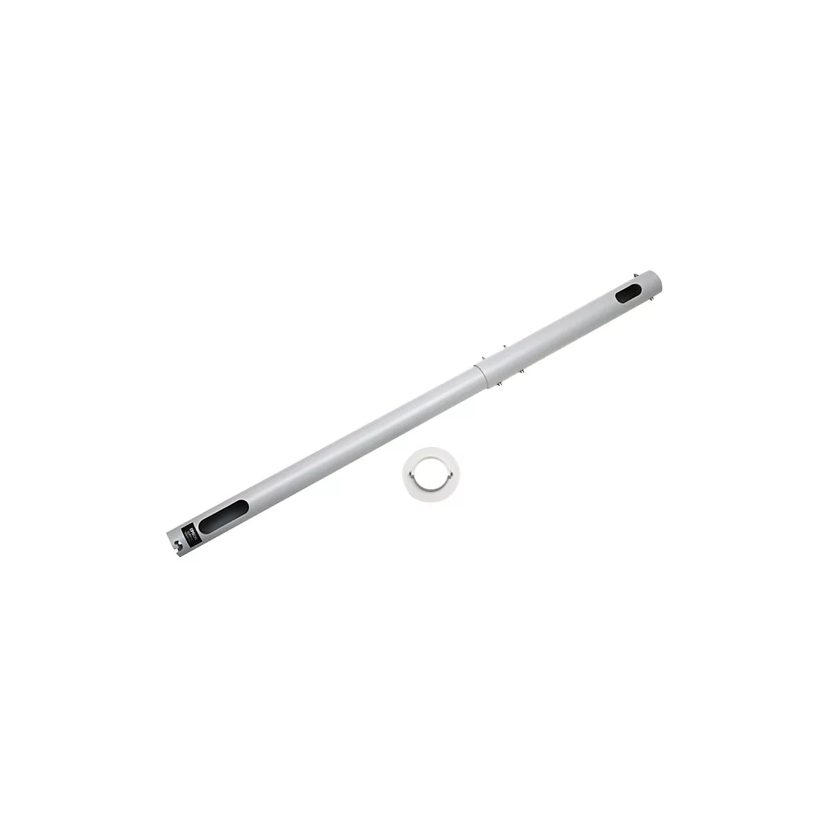 Grauer Metallstab mit Aussparungen und weißer Halterung.