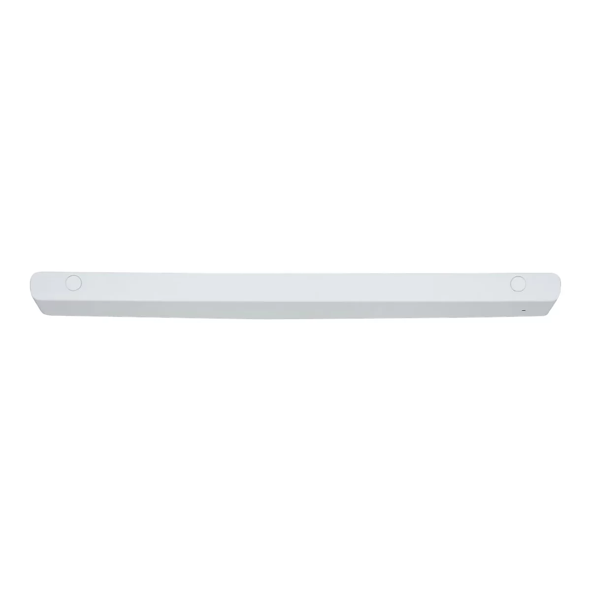 Weiße, längliche Soundbar oder Lichtleiste vor weißem Hintergrund mit zwei seitlichen Kreisen.