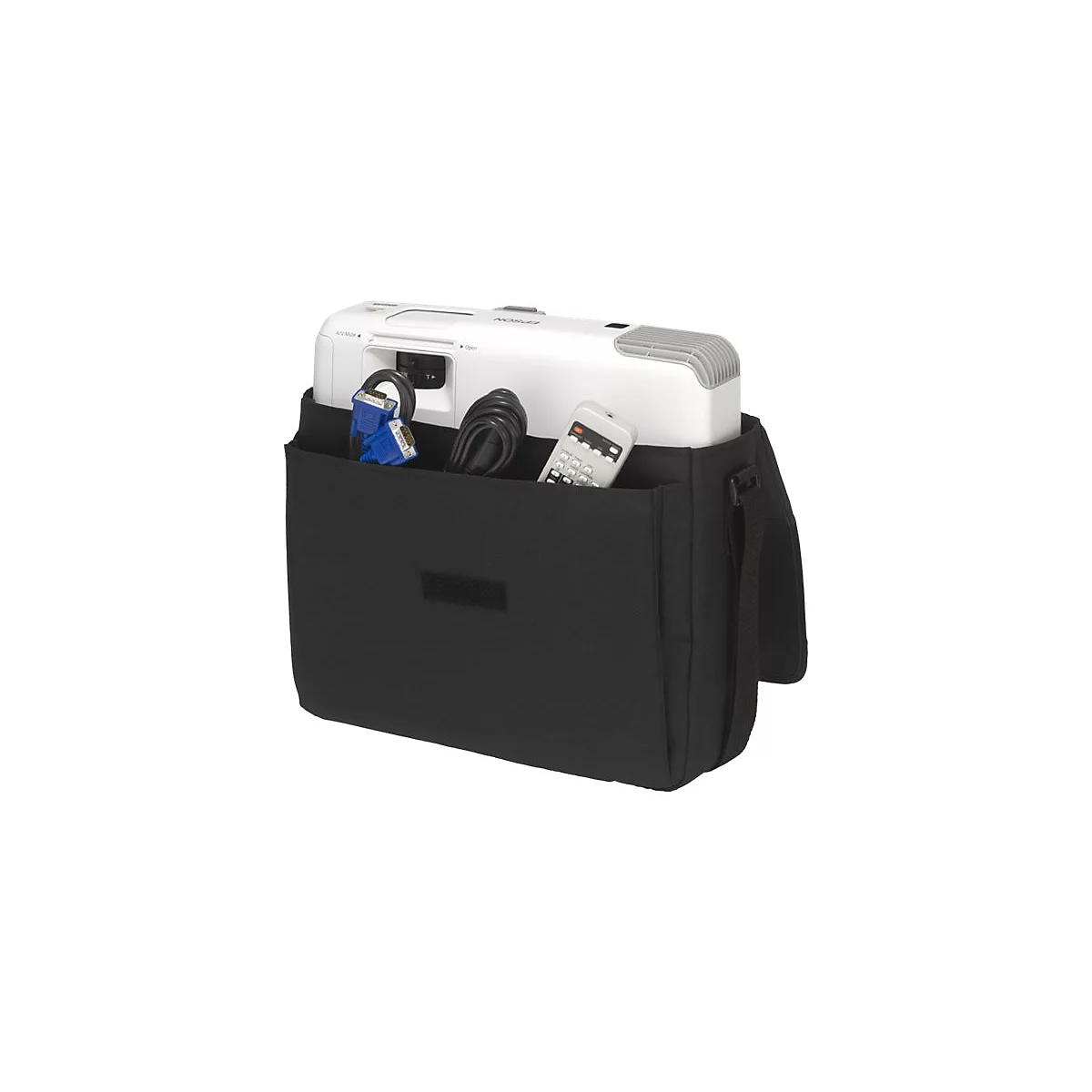 Ein weißer Beamer mit Zubehör in einer schwarzen Tasche. Sichtbar sind Kabel, Fernbedienung, Tasche mit Schultergurt.