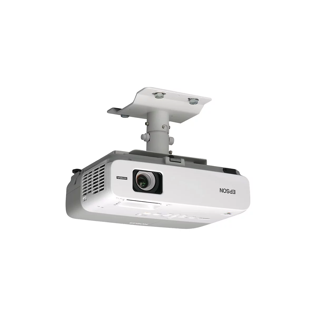 Weißer Deckenprojektor mit Halterung. Das Objektiv ist nach vorne gerichtet. Die Marke Epson ist auf dem Projektor zu sehen.