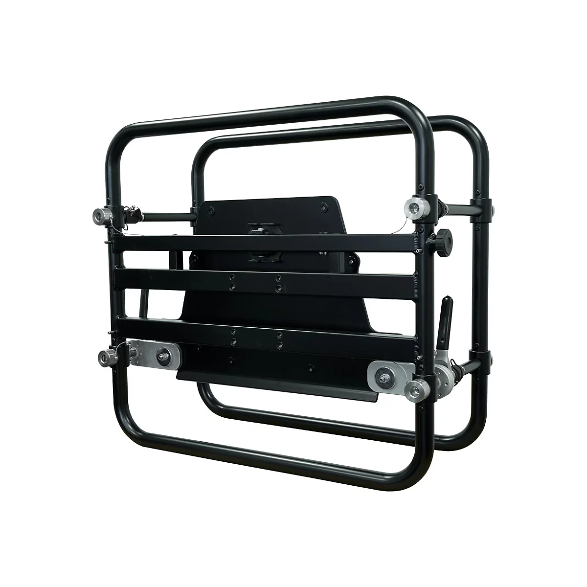 Schwarzes Metallgestell für Sim-Racing-Zubehör vor weißem Hintergrund.