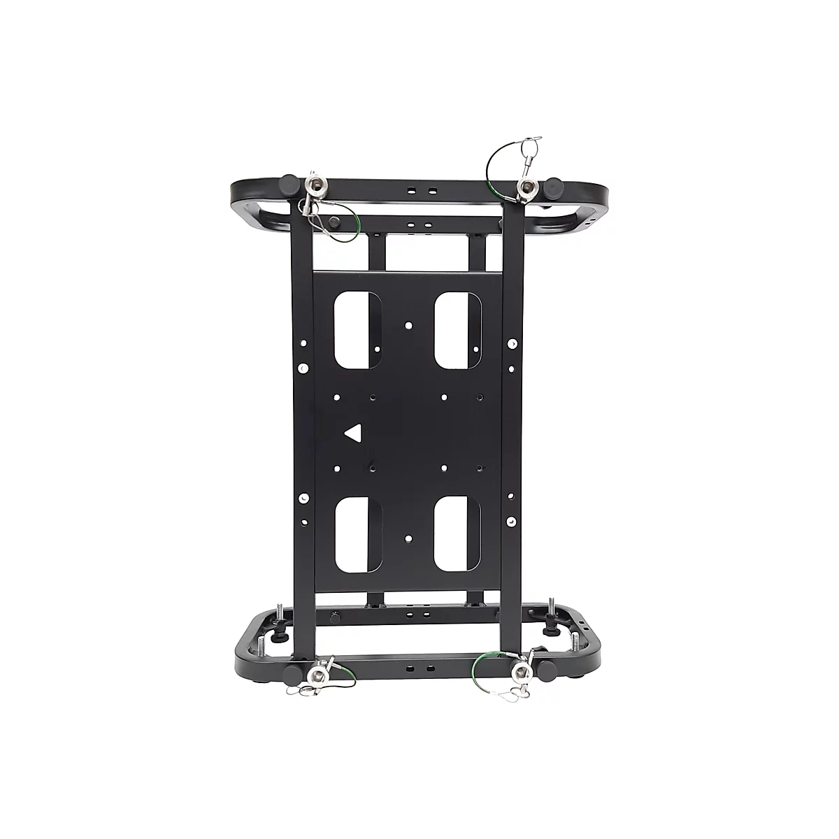 Schwarzer, metallischer Rahmen für LED-Wand-Module mit Montagelöchern und Sicherungsstiften vor weißem Hintergrund.