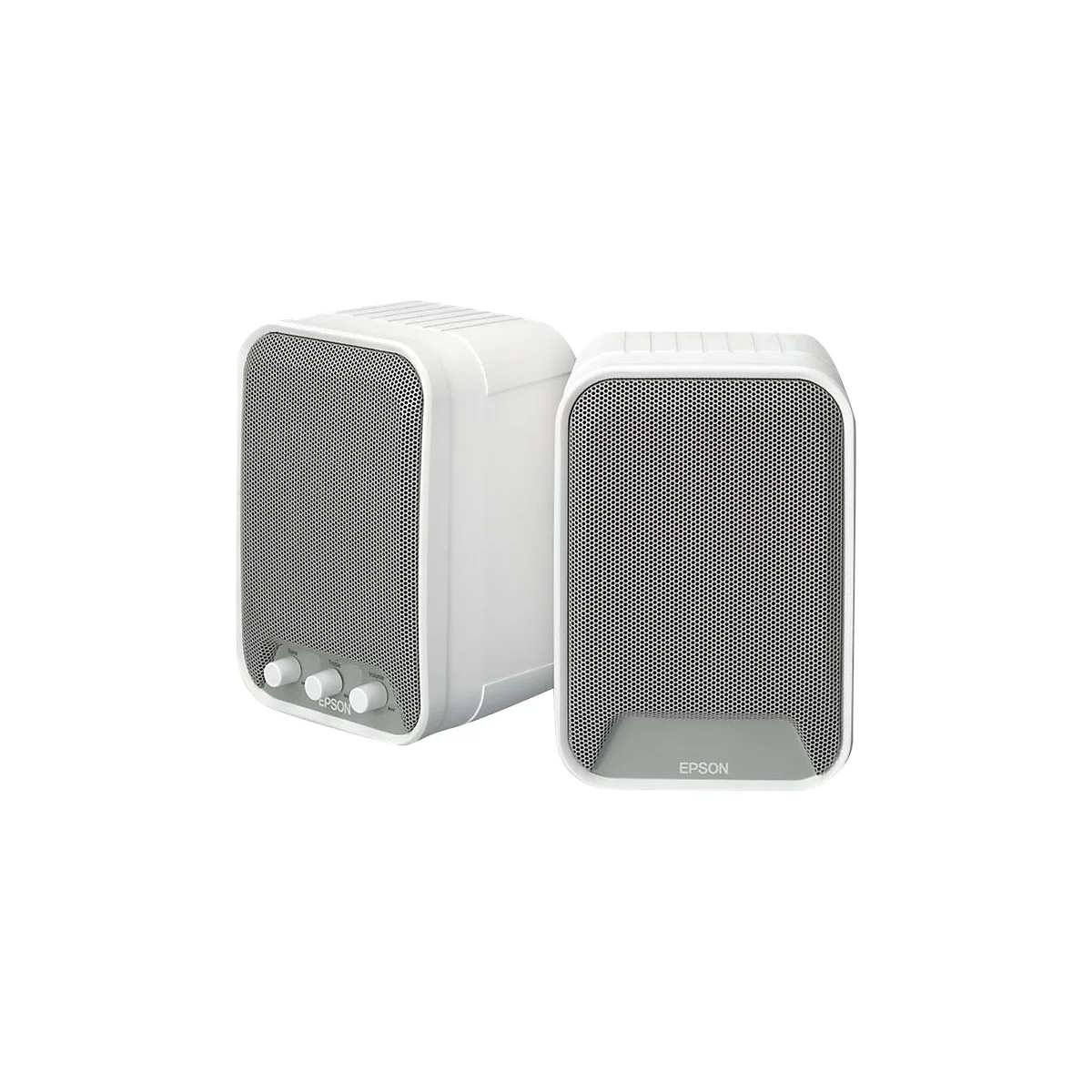 Zwei weiße Lautsprecher mit grauem Gitter. Auf dem einen steht "EPSON".
