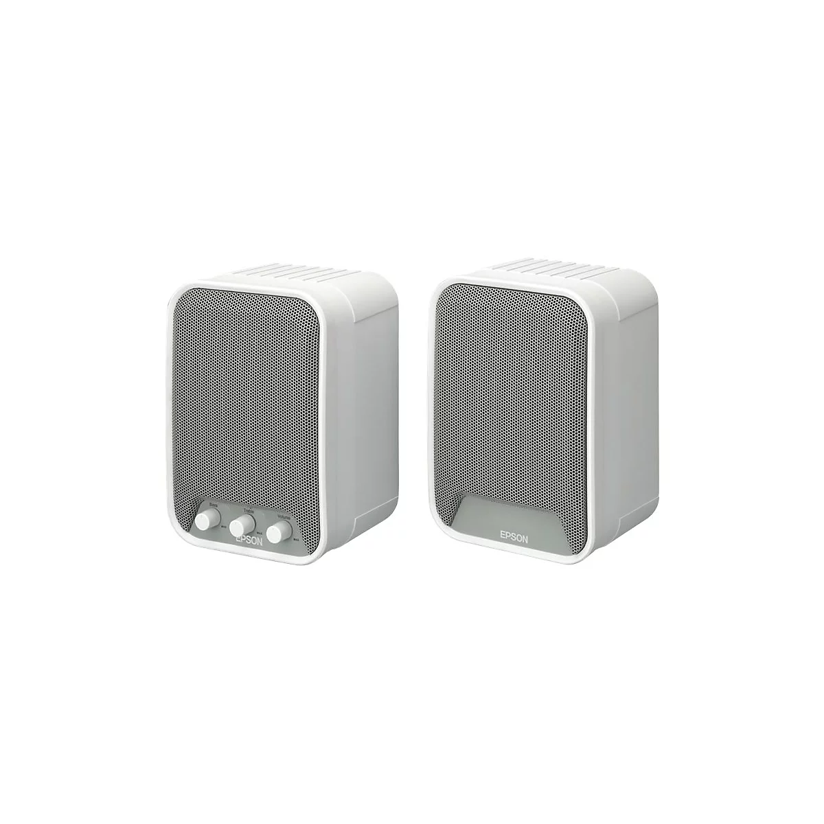 Zwei weiße Lautsprecher mit grauem Gitter. Auf der Vorderseite sind Knöpfe und der Schriftzug Epson zu sehen.