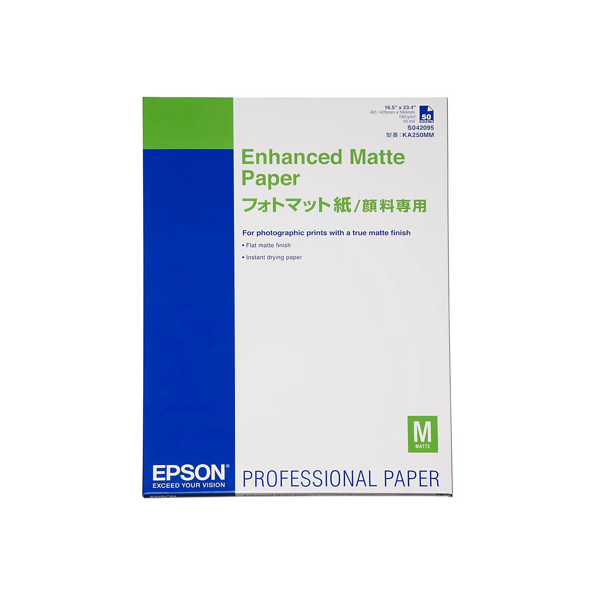 Epson Enhanced Matte Paper Verpackung im Format A2 mit blau-grünem Design auf weißem Hintergrund.