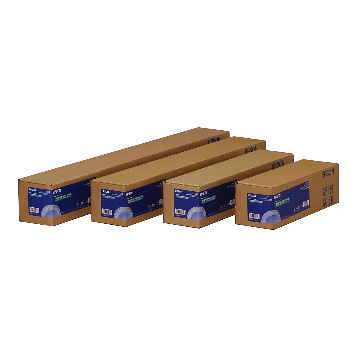 Vier Epson Enhanced Matte Paper Rollen in braunen Kartonverpackungen unterschiedlicher Länge.