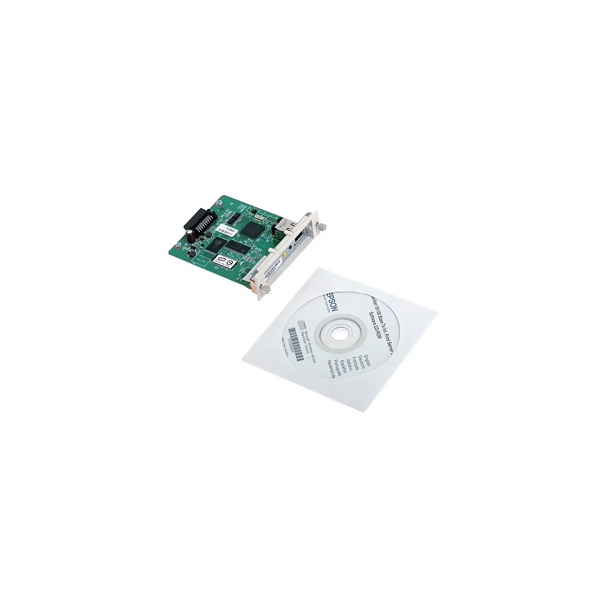 Eine grüne Platine mit elektronischen Komponenten und ein Datenträger mit Text, beide vor weißem Hintergrund.