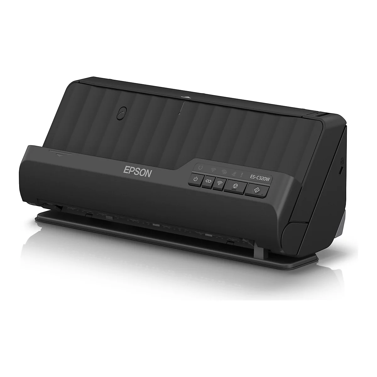 Schwarzer Epson-Scanner ES-C320W mit mehreren Knöpfen, darunter Power und WLAN, auf weißem Hintergrund.