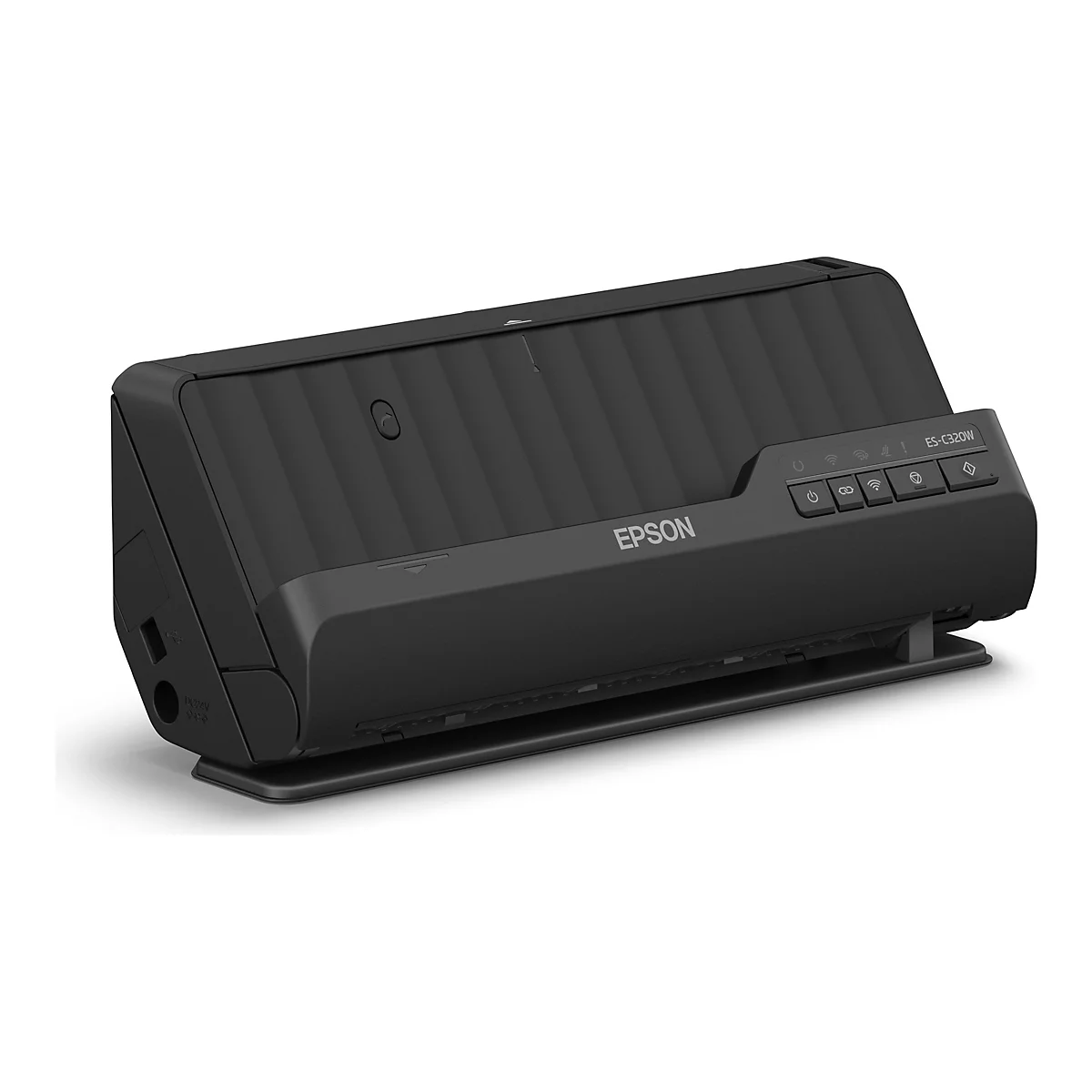 Ein schwarzer Epson-Scanner ES-C320W mit mehreren Knöpfen, darunter Ein-/Aus-, WLAN- und Scan-Tasten. Das Gerät steht auf einer kleinen schwarzen Basis.