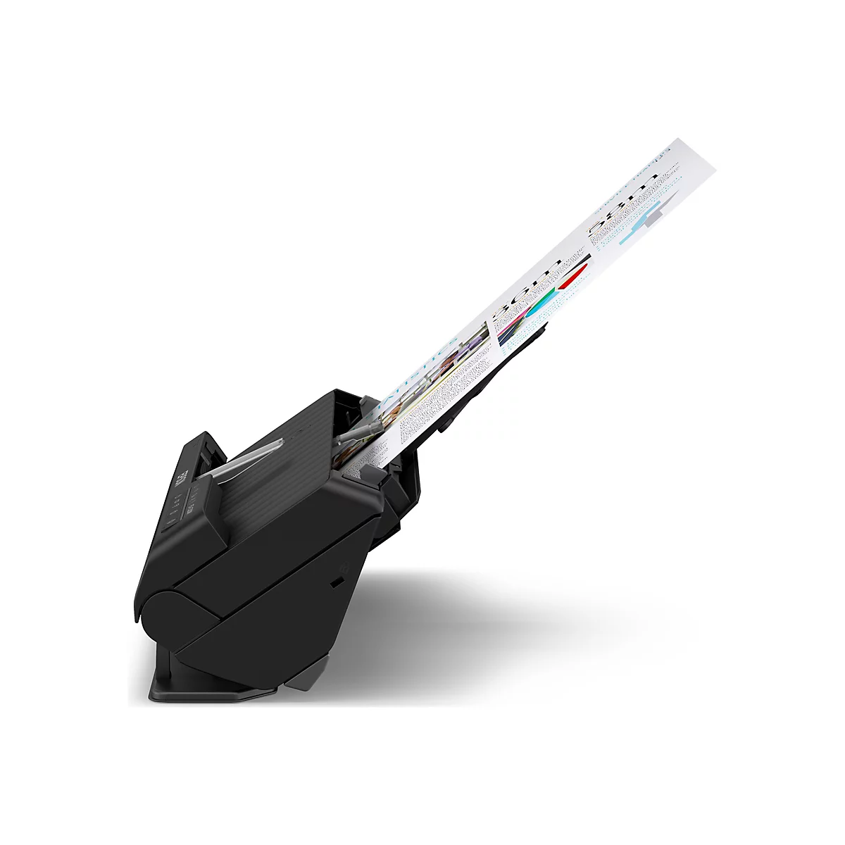 Ein schwarzer Scanner mit einem eingelegten Dokument, das aus dem Gerät ragt.