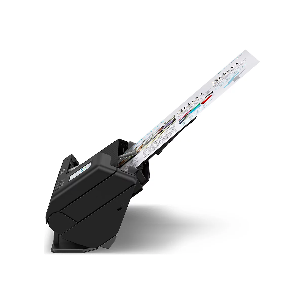 Un scanner noir avec un couvercle ouvert, aspirant une feuille de papier. La feuille contient des motifs de test colorés.