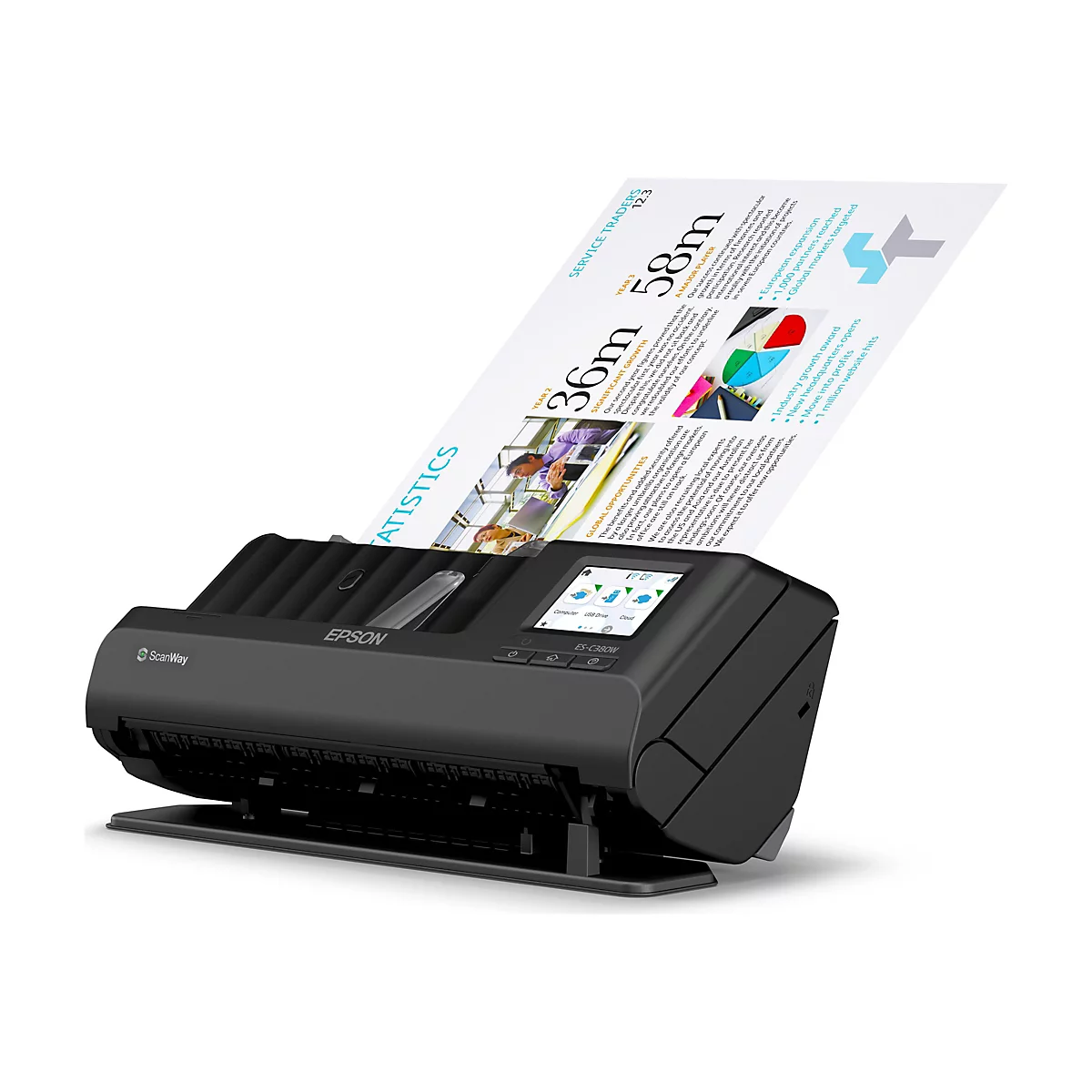Un scanner Epson noir avec un document représentant des graphiques et du texte en cours d'insertion dans le scanner.