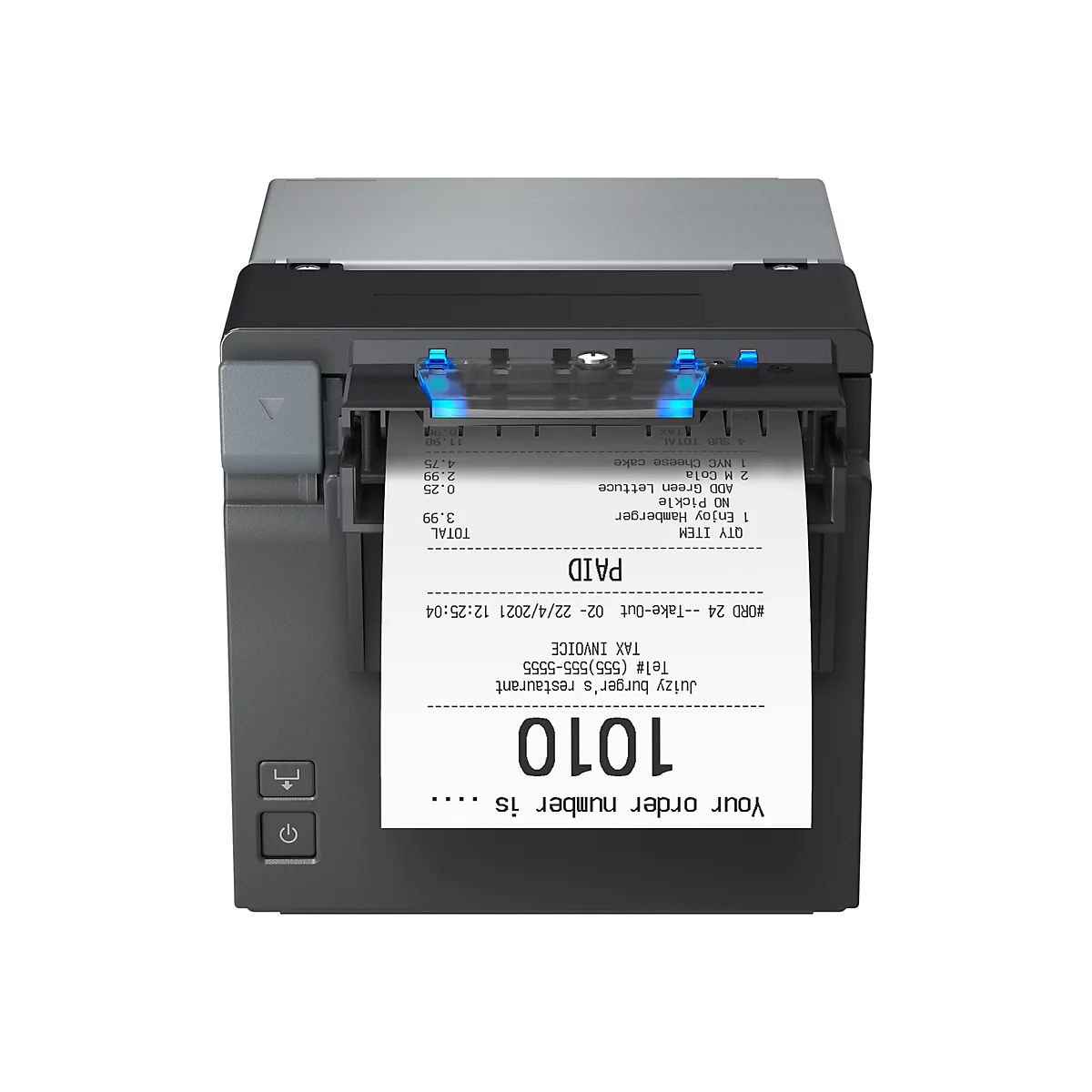 Ein Kassendrucker mit blau beleuchteten LEDs, der einen Kassenbon ausgibt. Auf dem Bon stehen Informationen wie Bestellnummer, Restaurantname, Datum und Einzelheiten zu den bestellten Artikeln.