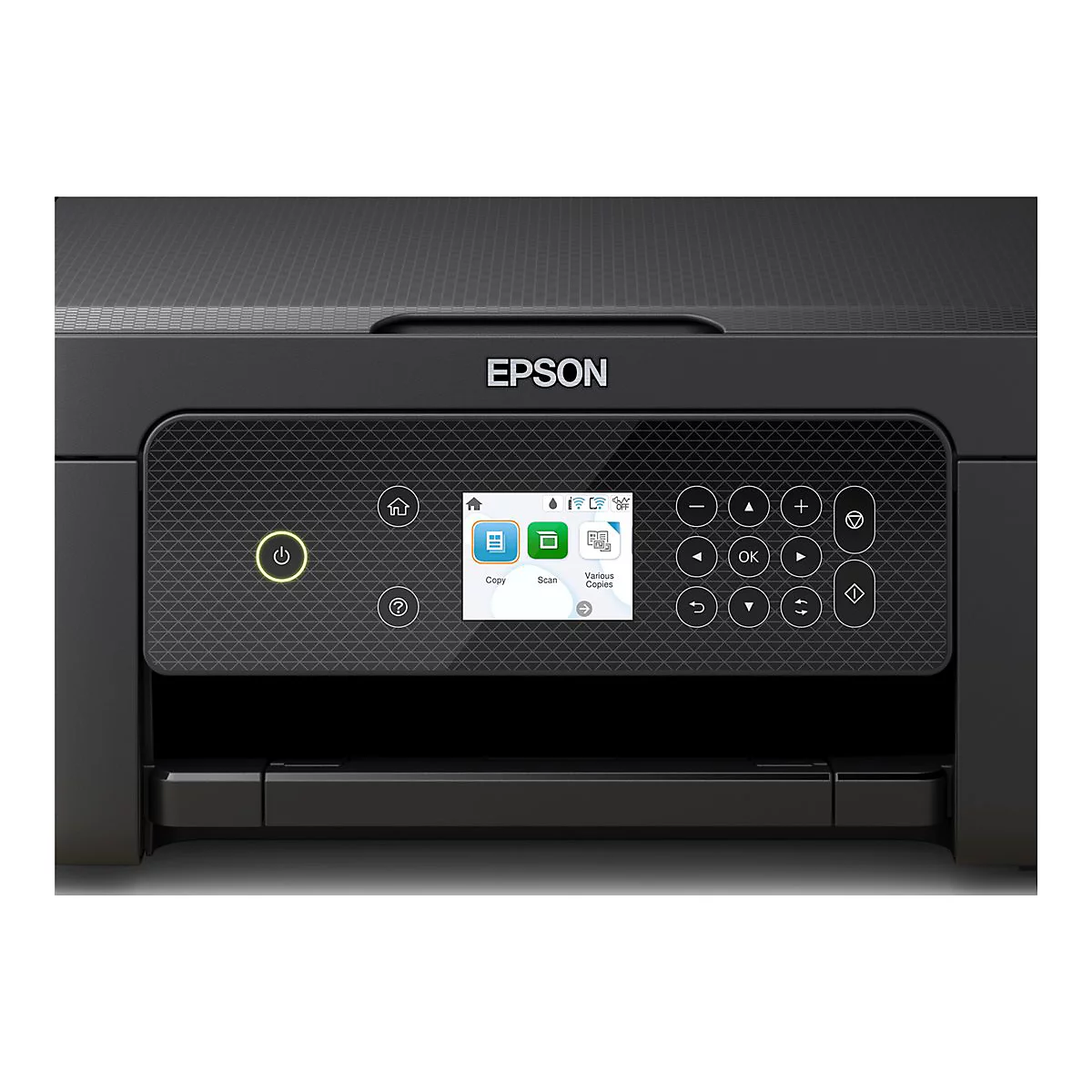 Schwarzer Drucker mit EPSON-Logo. Auf dem Bedienfeld: Power-Knopf, Display mit Menü, Navigationsbuttons. Der Drucker steht vor weißem Hintergrund.