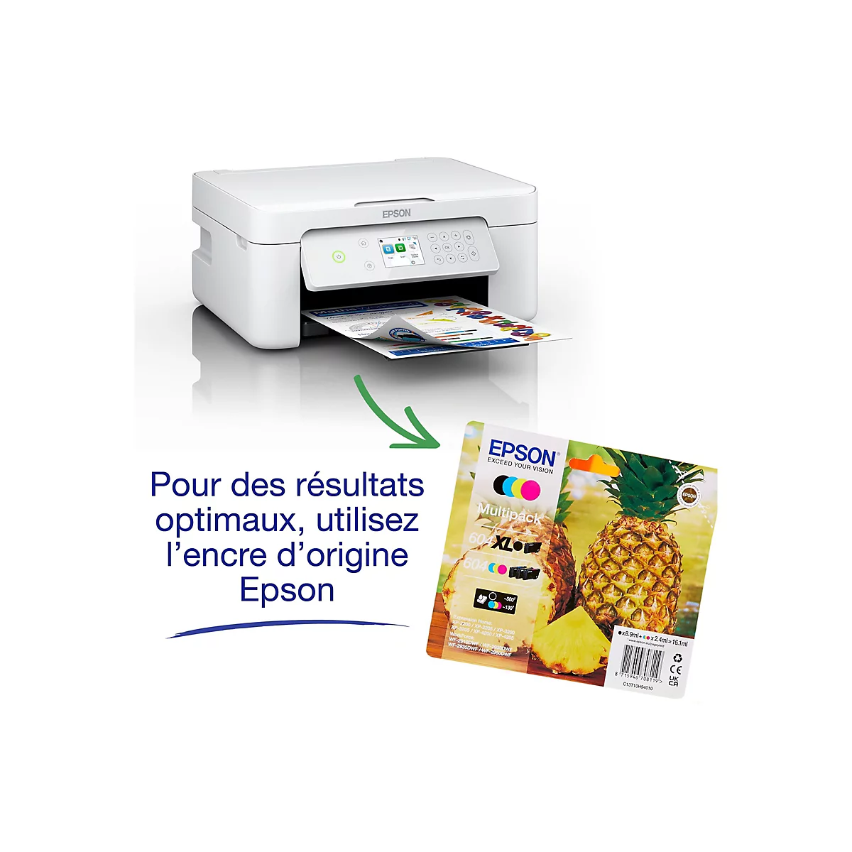 Ein weißer Epson-Multifunktionsdrucker druckt ein farbiges Dokument. Daneben ist eine Tintenpatrone mit Ananas-Abbildung zu sehen.