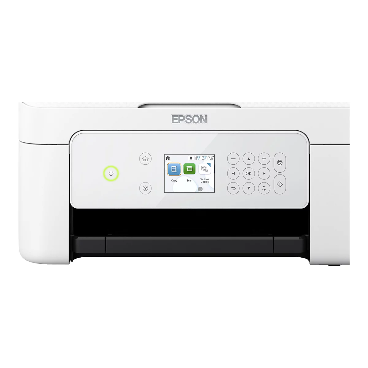Nahaufnahme eines weißen Epson-Druckers mit einem Bedienfeld und einem Display, das Optionen wie Kopieren und Scannen anzeigt. Das Epson-Logo ist oben zentriert.