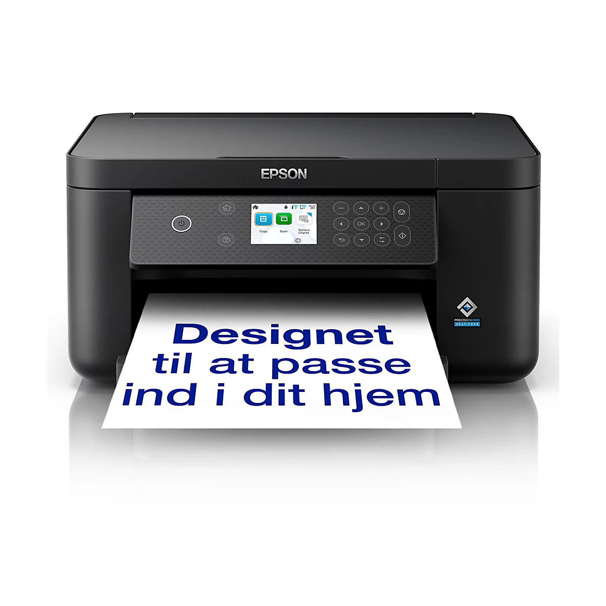 Schwarzer Epson Drucker druckt Text in Blau: Designet til at passe ind i dit hjem.