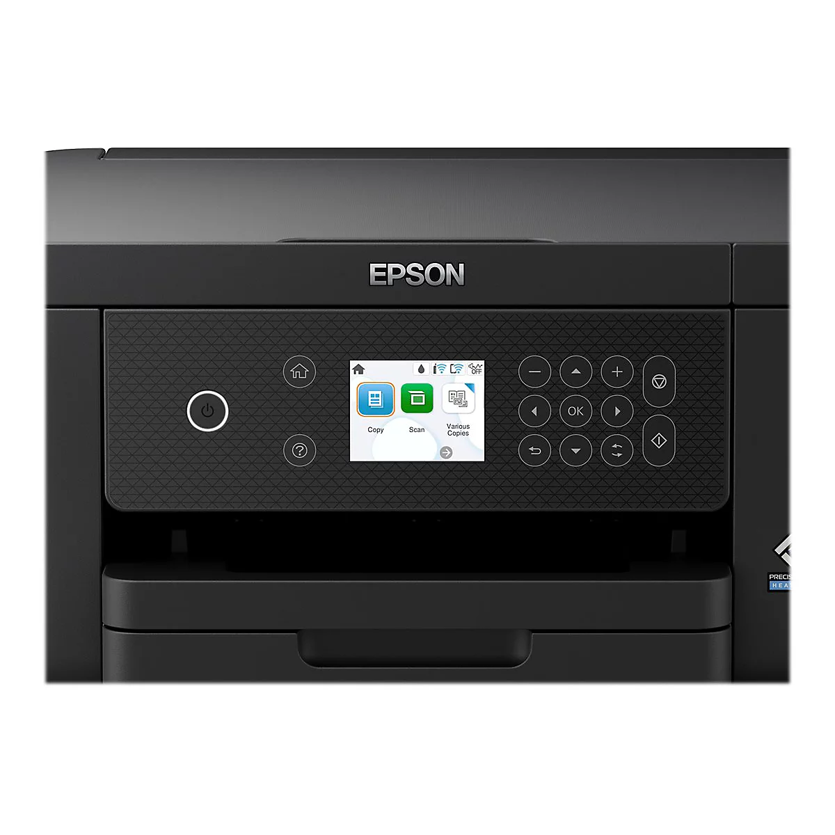 Schwarzer Epson Drucker, Touchscreen mit Menü, darauf Knöpfe wie Kopieren, Scannen. Oben das Epson-Logo.