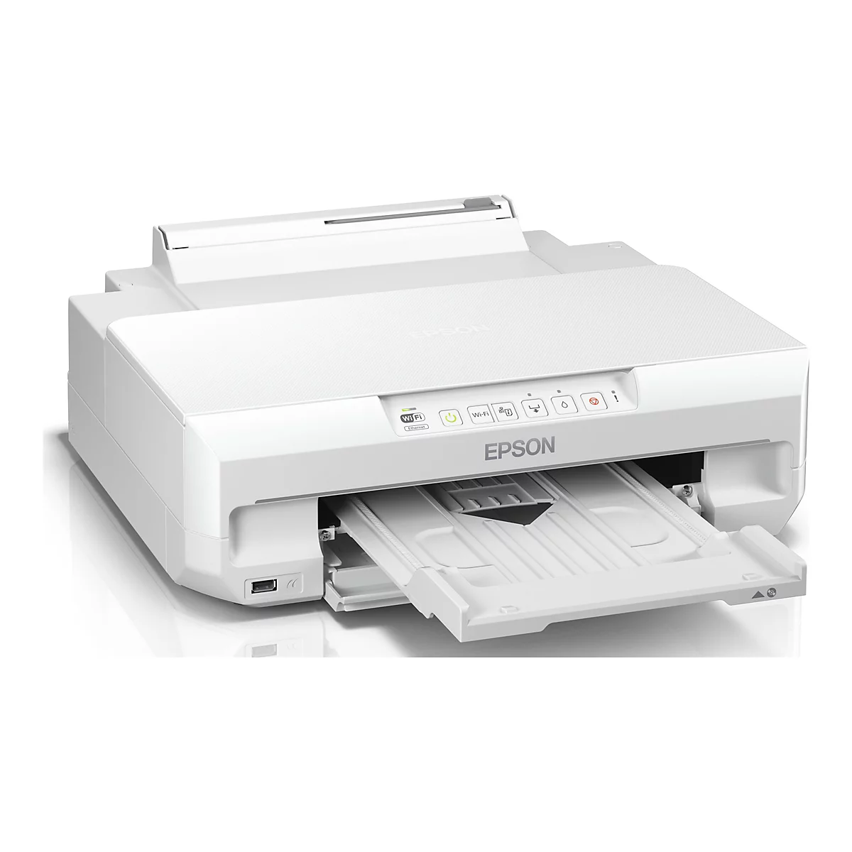 Ein weißer Drucker der Marke Epson. Die Papierausgabe ist geöffnet, das Bedienfeld zeigt Symbole.