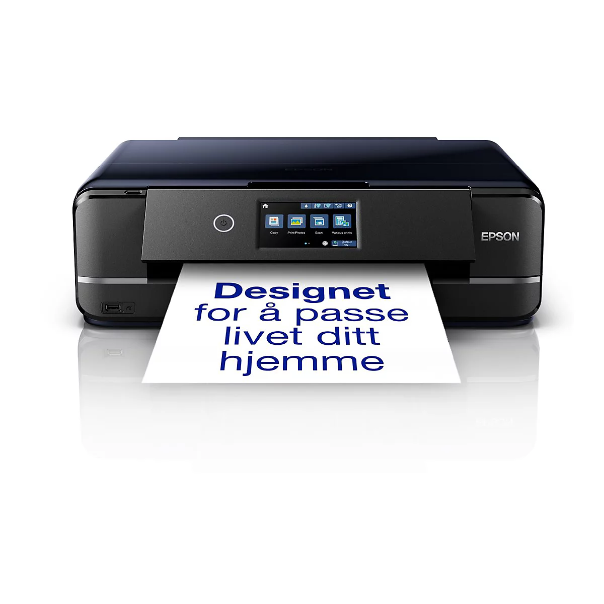 Schwarzer Epson-Drucker mit ausgedrucktem Text: Designet for å passe livet ditt hjemme.