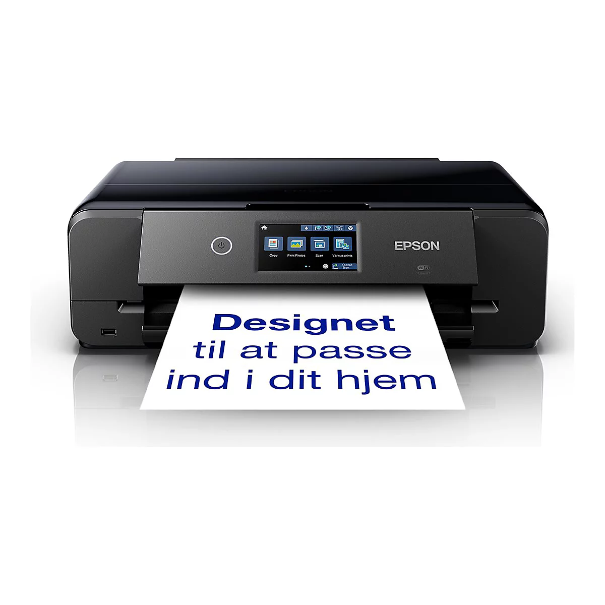 Schwarzer Epson-Drucker mit einem Blatt Papier, auf dem in Blau 'Designet til at passe ind i dit hjem' steht.