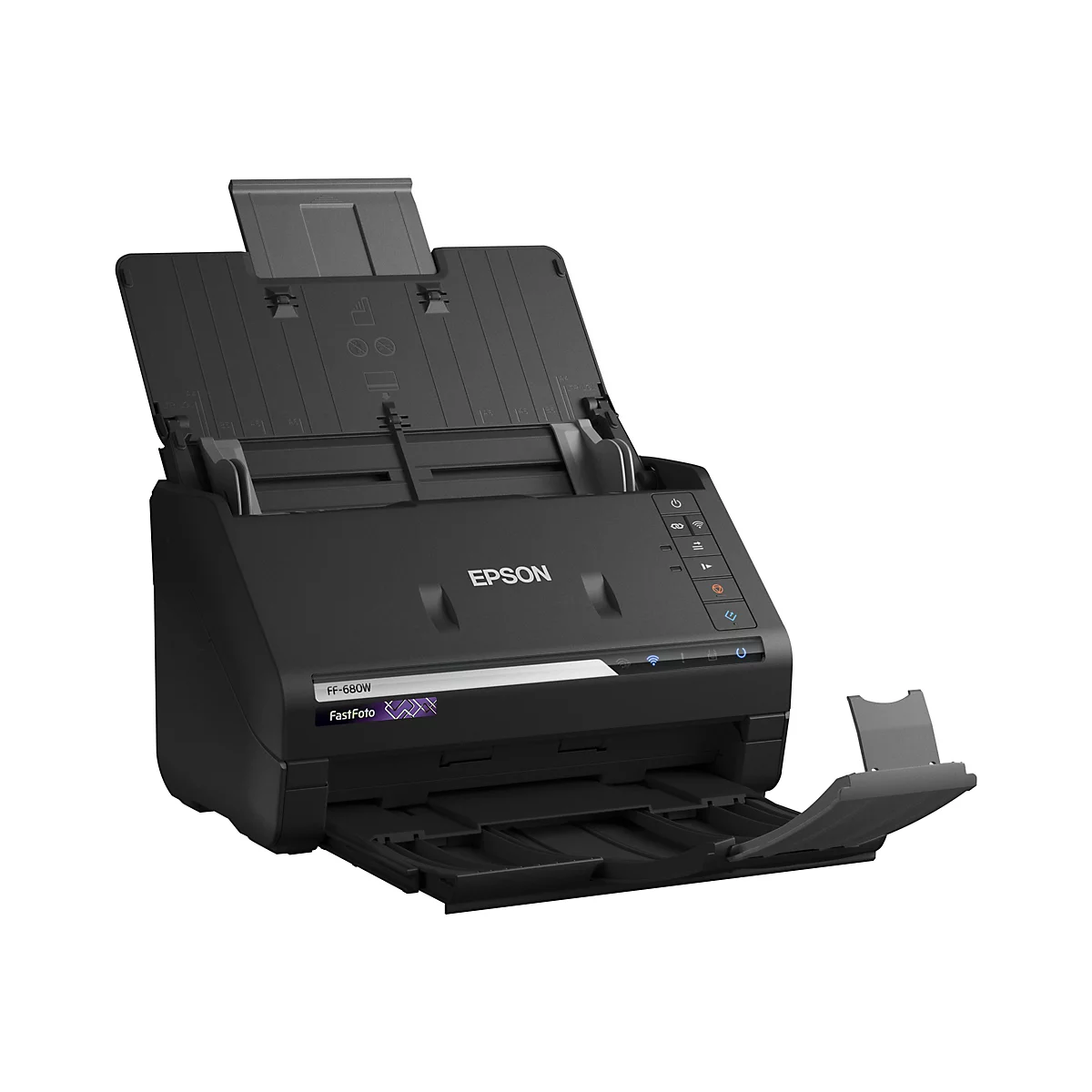 Un scanner Epson noir avec un couvercle ouvert, prêt à numériser des documents. L'avant indique 'FF-680W' et 'FastFoto'.