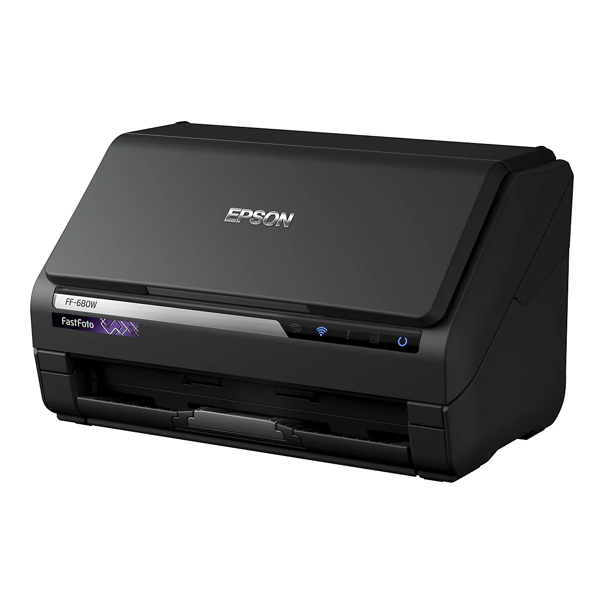 Scanner Epson FF-680W noir avec logo et boutons de commande. Le couvercle est fermé.