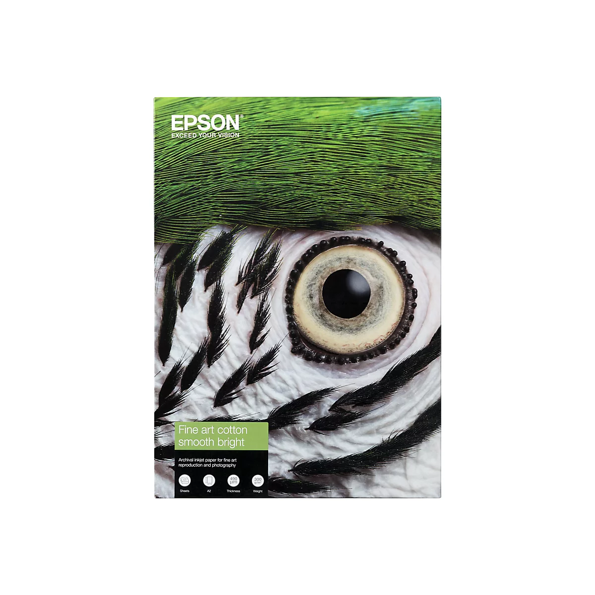 Epson Fine Art Cotton Smooth Bright Papierverpackung mit dem Bild eines Papageienauges auf der Vorderseite.