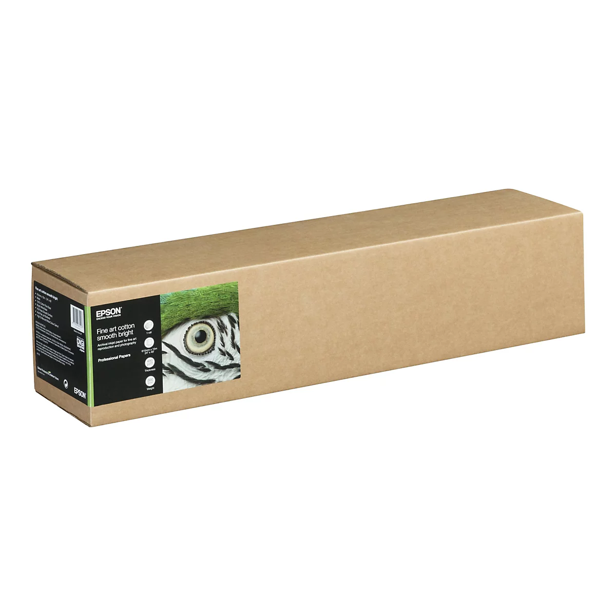 Brauner Epson-Papierkarton mit Produktinformationen und Vogelaugen-Abbildung.