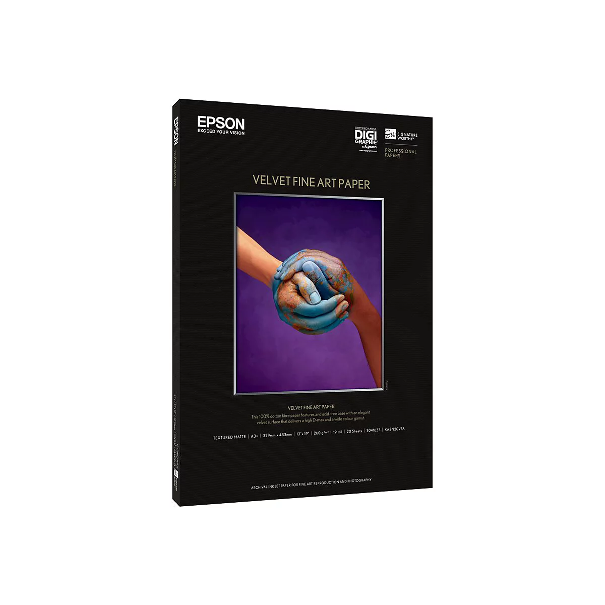 Epson Velvet Fine Art Paper Verpackung auf schwarzem Grund mit Motiv zweier sich haltender Hände.