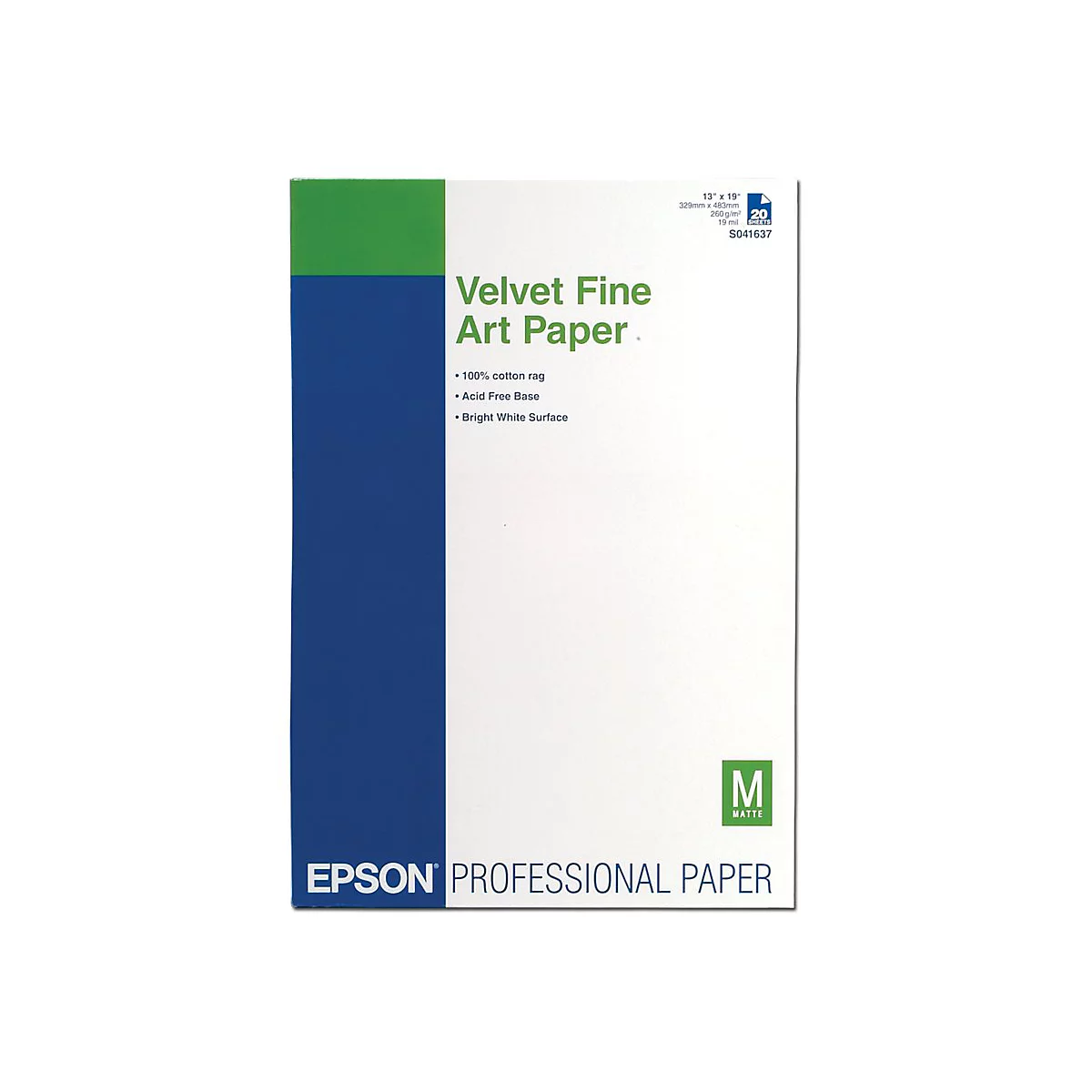 Epson Velvet Fine Art Paper Verpackung mit weißer Oberfläche und blauem sowie grünem Balken.