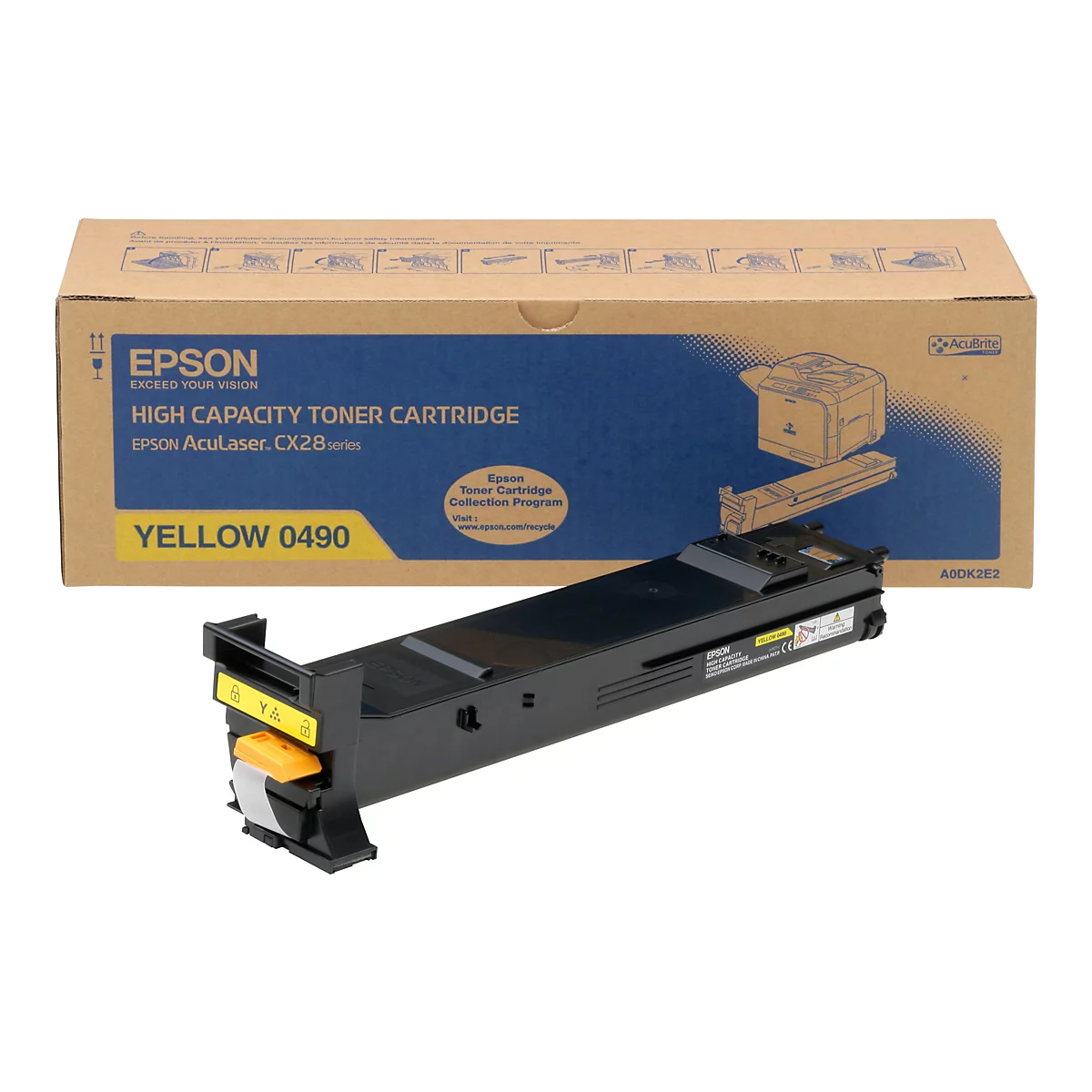 Ein Epson AcuLaser CX28-Toner-Kartusche in Gelb, mit Produktverpackung im Hintergrund.