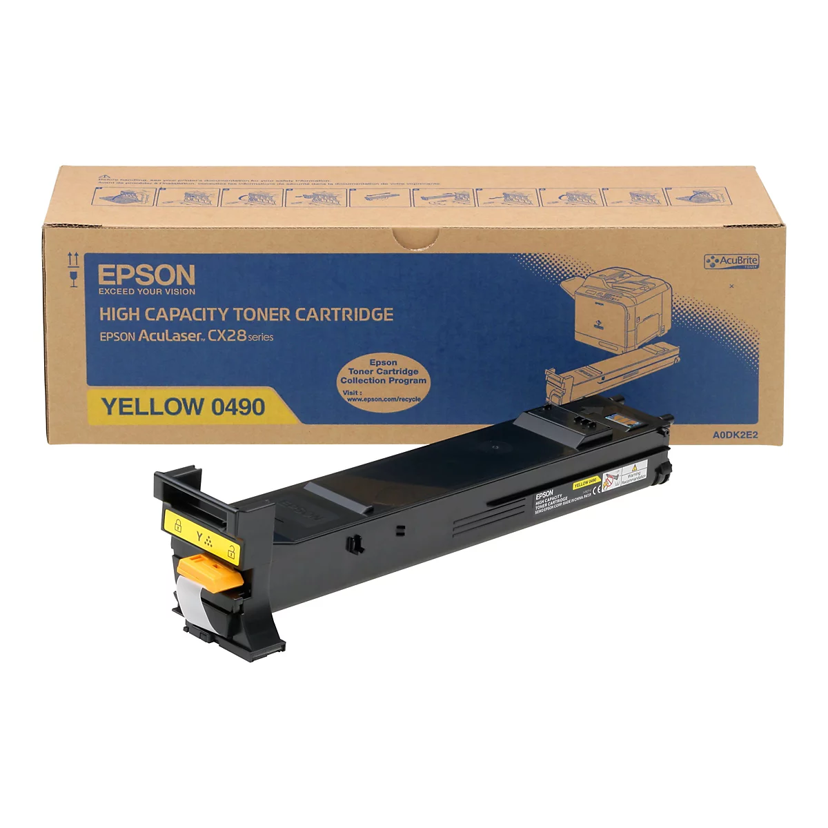 Gelbe Epson Toner-Kartusche vor der Verpackung. Aufdruck: Epson Aculaser CX28-Serie.