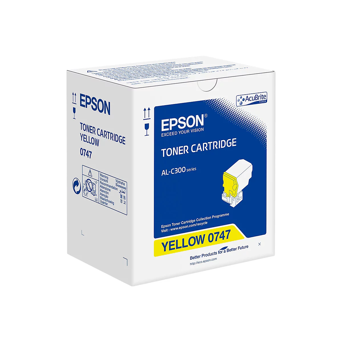 Gelbe Epson Toner-Kartusche, Modell 0747, auf einer weißen Verpackung. Aufdruck: Epson, Toner, AcuBrite.