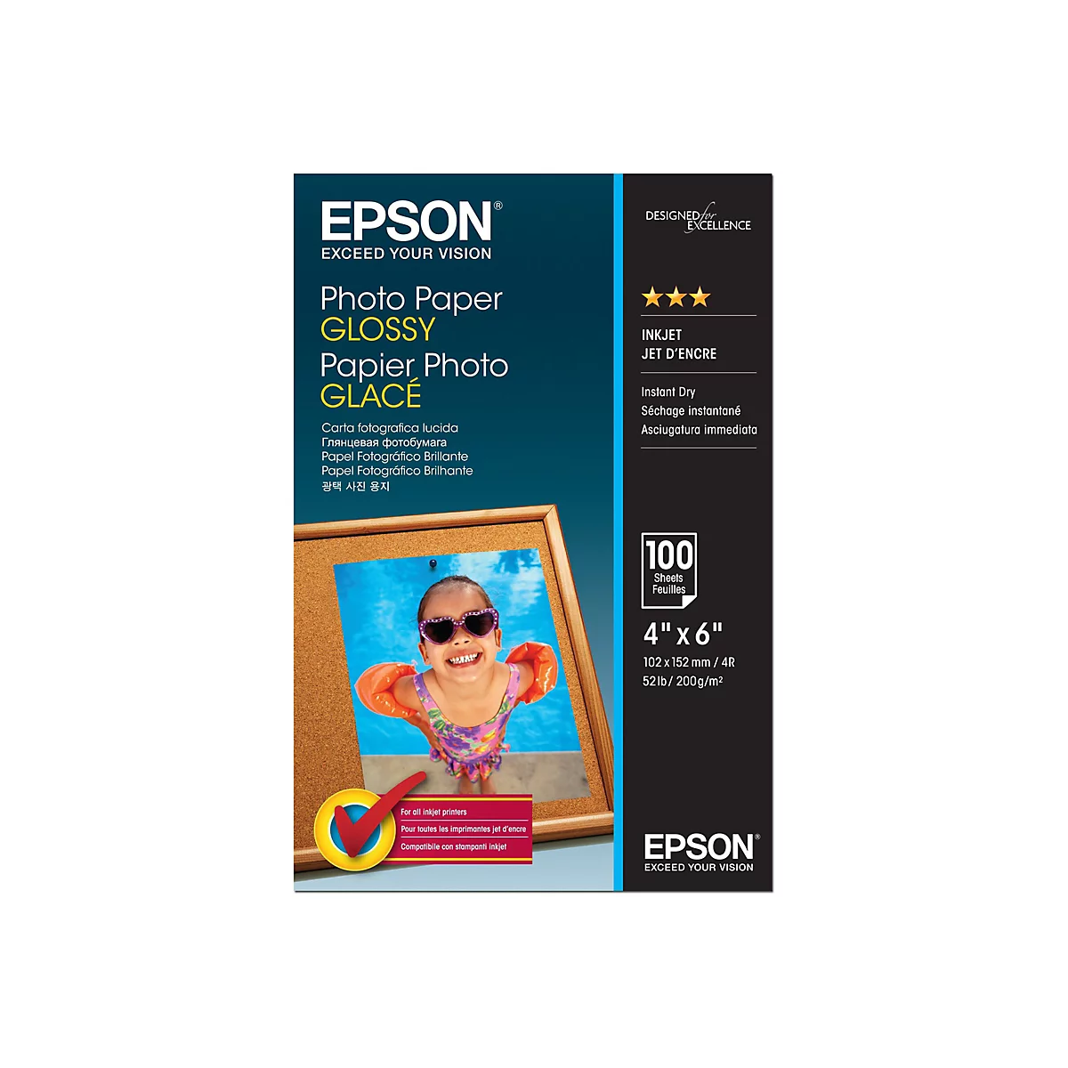 Epson Hochglanz-Fotopapier-Packung, 10 x 15 cm, mit einem Foto eines fröhlichen Kindes im Pool auf der Vorderseite.