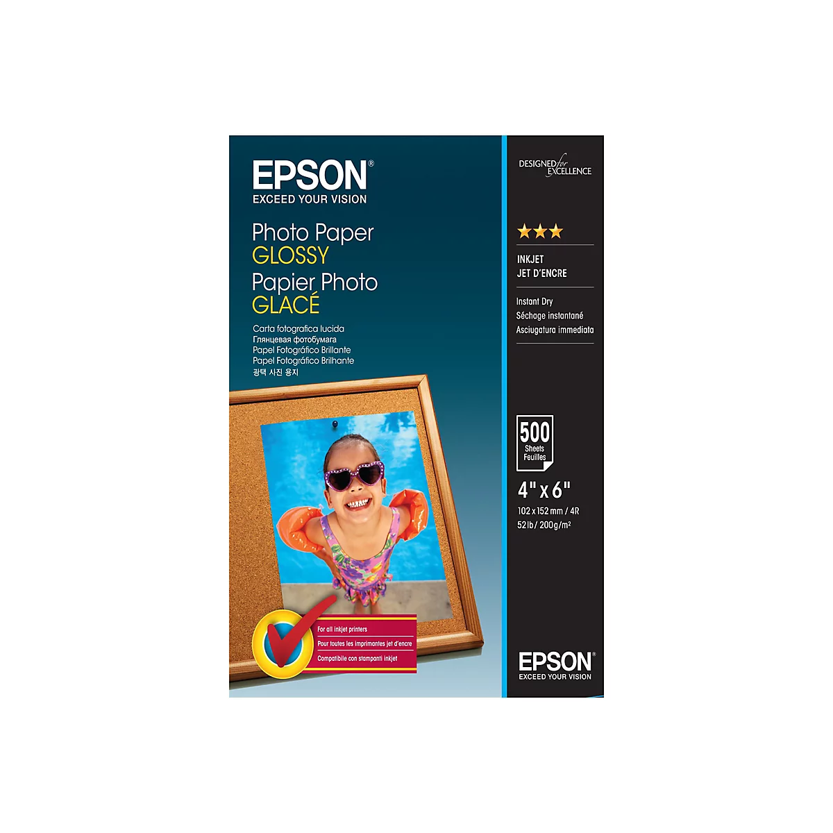 Epson Hochglanz-Fotopapier, 4x6 Zoll, 500 Blatt, mit einem Foto eines fröhlichen Kindes im Pool auf der Packung.