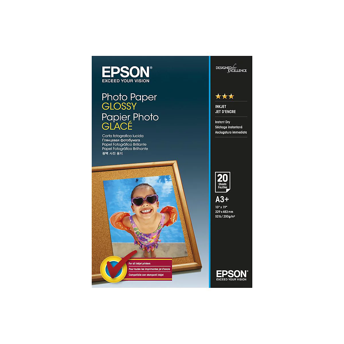 Epson Glossy Fotopapier Verpackung im A3+ Format mit einem Foto eines fröhlichen Kindes in einem Pool.