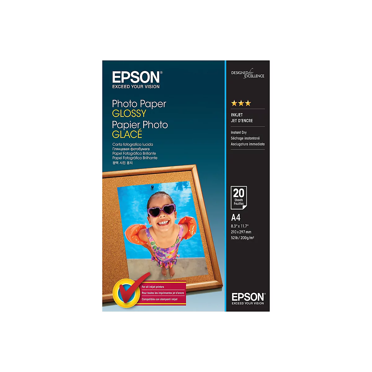 Verpackung von Epson Hochglanz-Fotopapier im A4-Format mit einem Foto eines fröhlichen Kindes im Pool.
