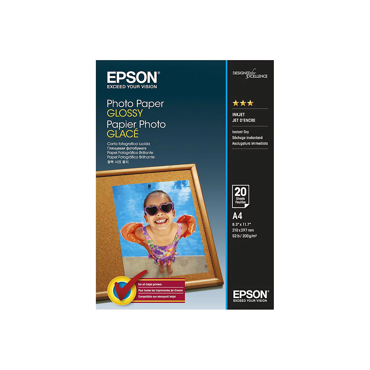 Epson Hochglanz-Fotopapier A4 Packung mit Bild eines Mädchens mit Schwimmflügeln im Bilderrahmen.