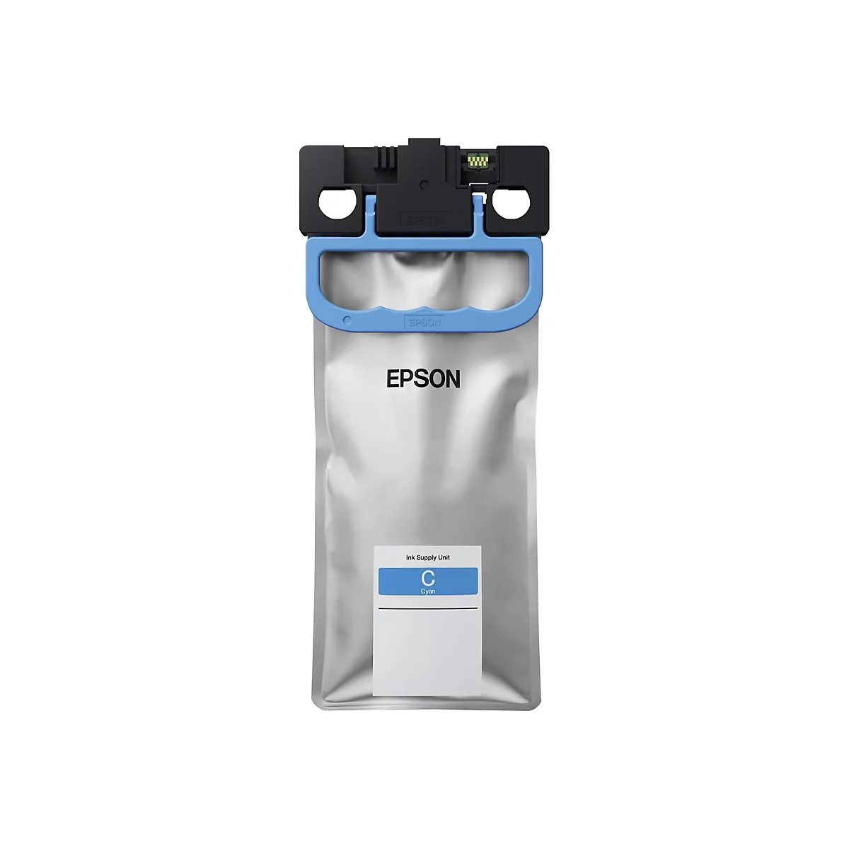 Eine Tintenpatrone der Marke Epson in Cyan vor weißem Hintergrund.