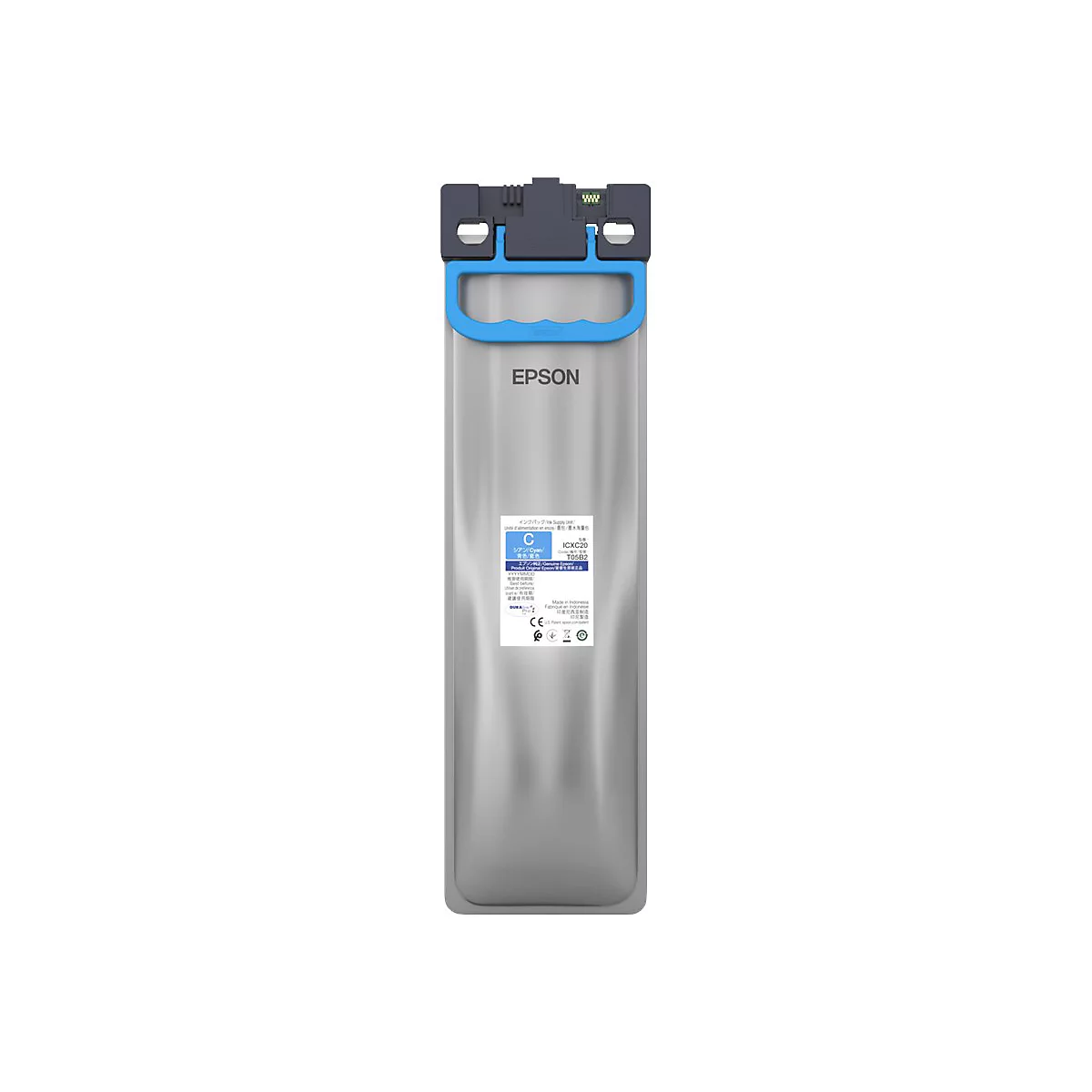 Ein Epson Tintenbeutel für Cyan, aufrechtstehend vor weißem Hintergrund mit blauem Griff.