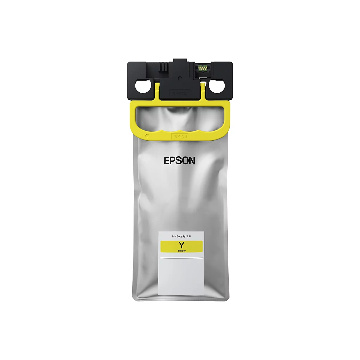 Gelbe Tintenpatrone von Epson. Schwarzer Kopf und Halterung. Aufschrift: Epson, Ink Supply Unit, Y, Yellow.