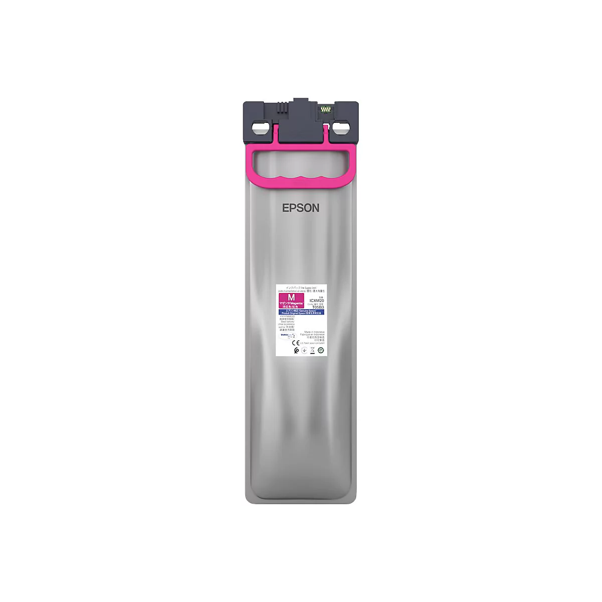 Epson Tintenbeutel in Magenta mit pinkfarbenem Griff und weißem Etikett vor weißem Hintergrund.